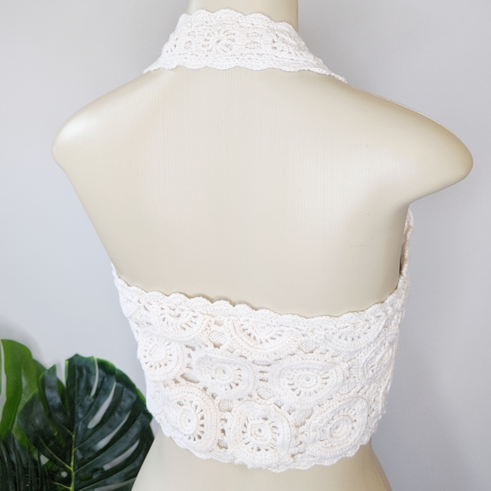 Vintage 90s Moda Boho Crochet Crop Halter Top - Picture 3 of 9